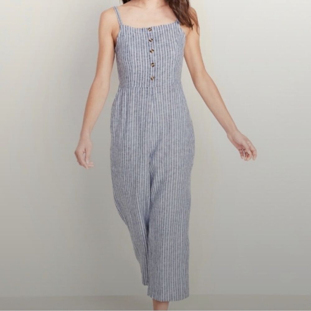 Old Navy Blue & White Stripe Linen Blend Jumpsuit Size Large Smocked
